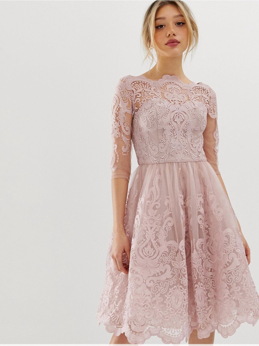 Chi Chi London Lace Formal Fit & Flare Dress Blush Pink